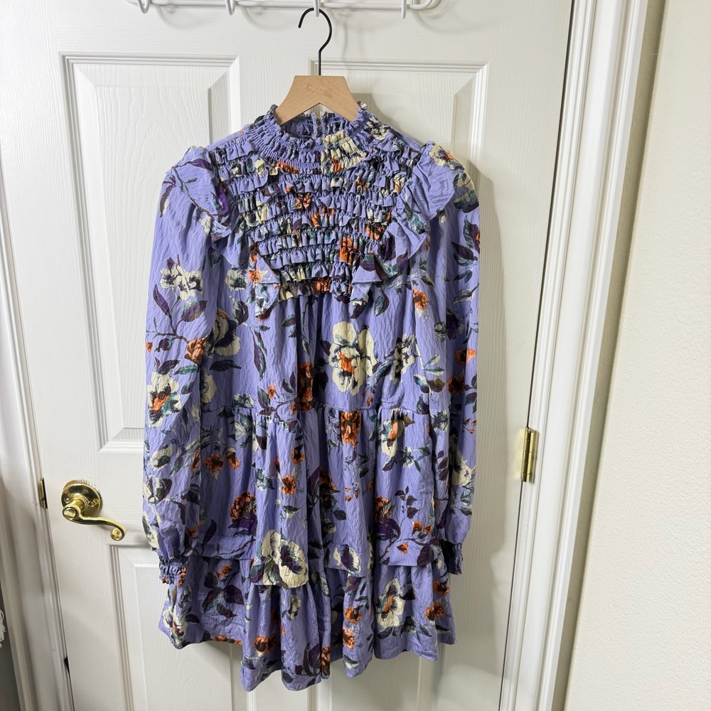 Anthropologie Lavender Floral Smock Mini Dress Womens Size‎ S - Picture 2 of 7